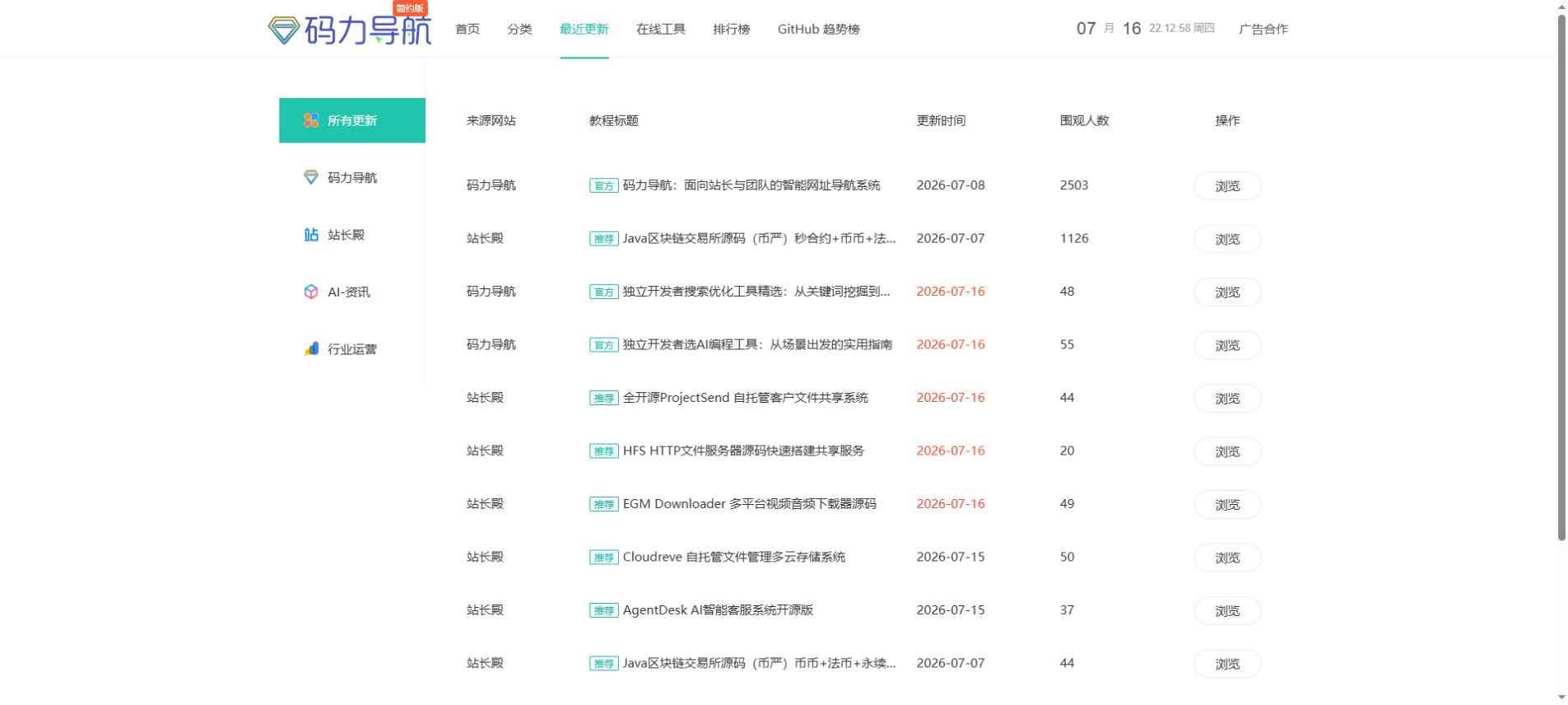 码力导航最近更新页面